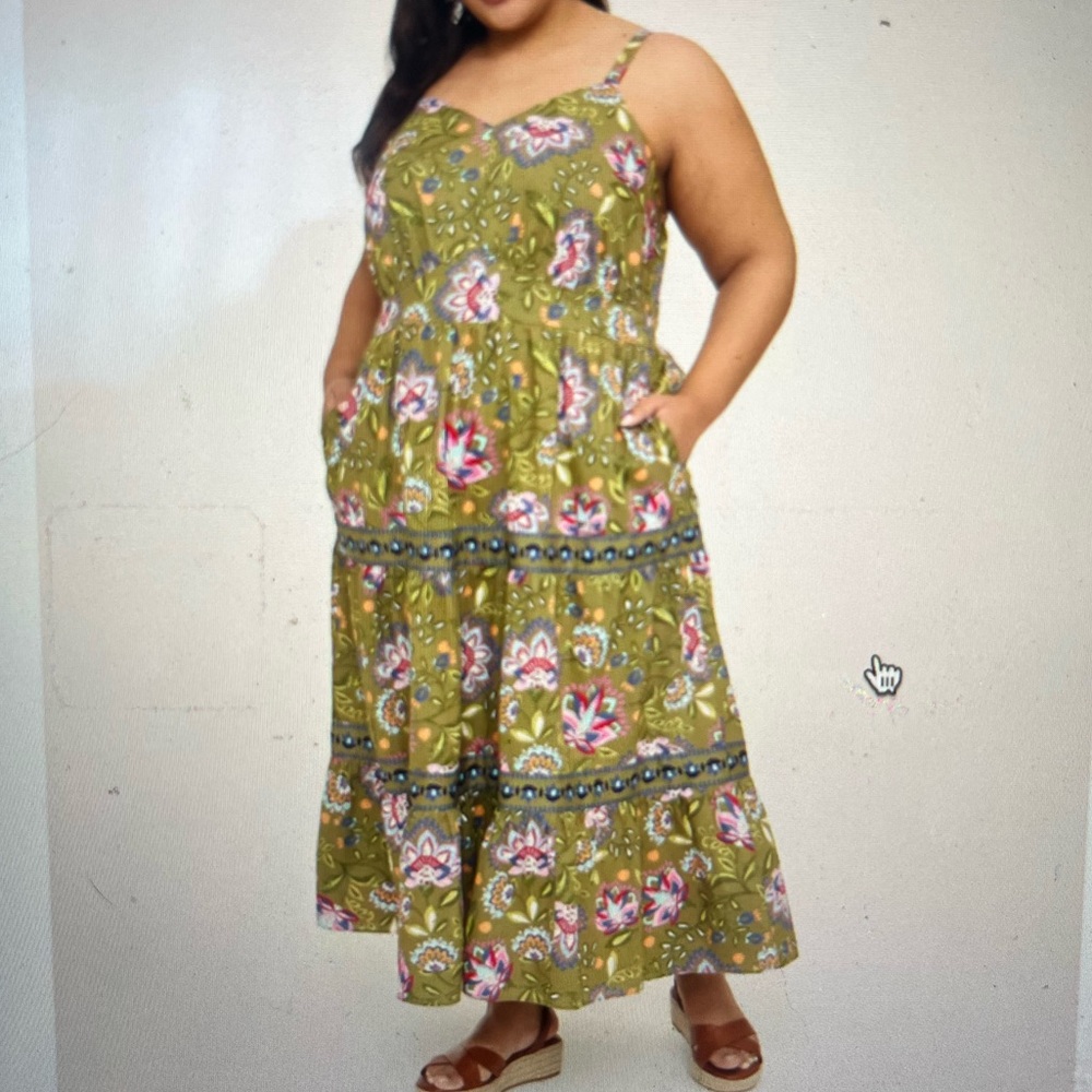 Lane Bryant Green Floral Shirred-Bodice Maxi Dress